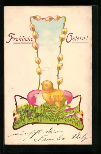 Präge-AK Osterküken mit Eierschale, Fröhliche Ostern