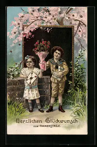 Künstler-AK Glückwünsche zum Namenstag, Kinder mit Blumen