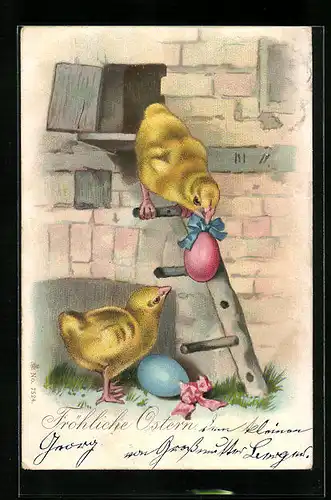 Lithographie Fröhliche Ostern, Osterküken mit Ostereiern