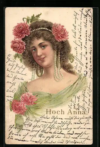 Lithographie Hoch Anna zum Namenstag, Dame mit Blüten-Schmuck
