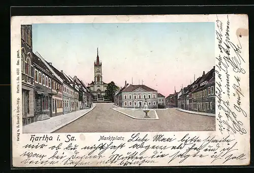 Goldfenster-AK Hartha i. Sa., Marktplatz mit Kirche