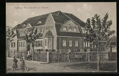 AK Plauen, Friedrich Krausse-Stift mit Strassenpartie