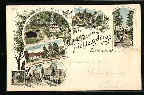 Lithographie Wunsiedel, Eingang zur Louisenburg, Kursaal und Schloss im Alexanderbad