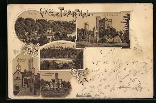 Lithographie Pullach, Burg Schwanek, Grünwald, Ebenhausen Fischerschlössl