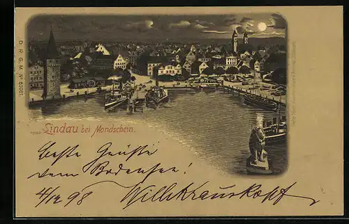 Mondschein-Lithographie Lindau, Ortsansicht mit Hafen und Dampfern