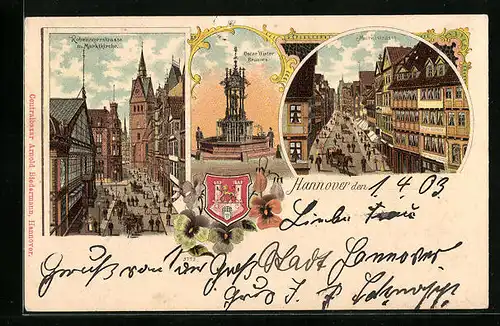 Lithographie Hannover, Kobelingerstrasse mit Marktkirche, Oscar Winter-Brunnen, Marktstrasse