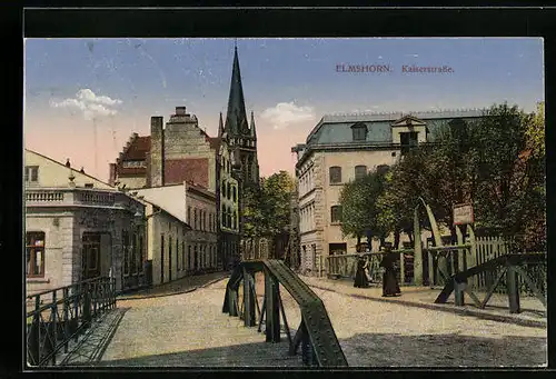 AK Elmshorn, Kaiserstrasse mit Brücke und Kirche