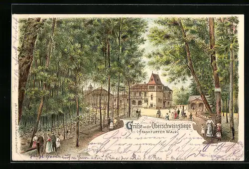 Lithographie Frankfurt-Sachsenhausen, Ansicht mit Besuchern und Frankfurter Wald
