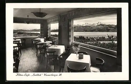 AK Wasserburg a. B., Höhen-Cafe Seeblick, Innenansicht mit Panorama