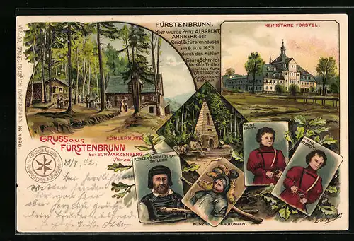 Lithographie Fürstenbrunn b. Schwarzenberg, Gasthaus Köhlerhütte, Heimstätte Förstel