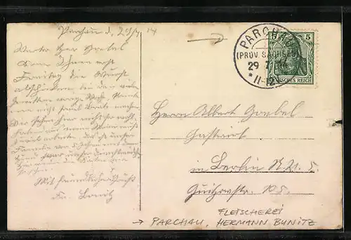 Foto-AK Parchau, Fleischerei von Hermann Bunitz