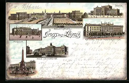 Vorläufer-Lithographie Leipzig, 1895, Augustusplatz, Museum, Theater, Kaiserl. Ober-Postdirektion, Neue Universität