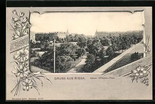 AK Riesa, Kaiser Wilhelm-Platz aus der Vogelschau