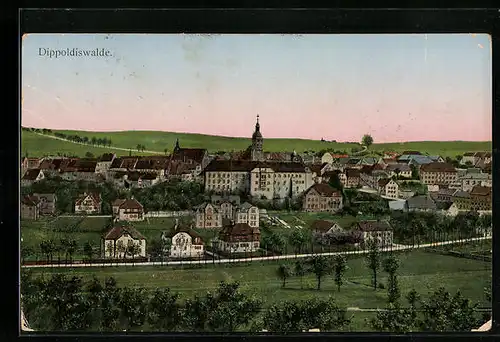 Goldfenster-AK Dippoldiswalde, Totalansicht mit leuchtenden Fenstern aus der Vogelschau