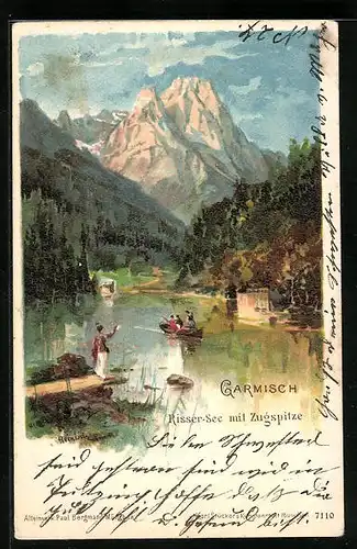 Künstler-AK Karl Heinisch: Garmisch, Risser-See mit Zugspitze