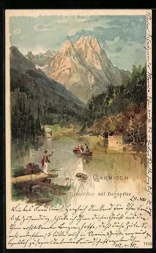 Künstler-AK Karl Heinisch: Garmisch, Risser-See mit Zugspitze
