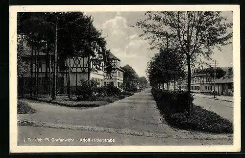 AK Grafenwöhr, Truppen-Übungs-Platz, strasse mit Bäumen
