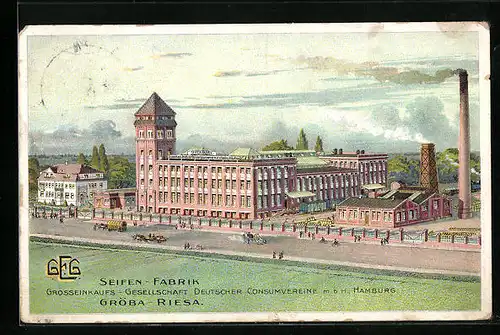 Künstler-AK Gröba-Riesa, Seifen-Fabrik, Grosseinkaufs-Gesellschaft Deutscher Konsumvereine m. b. H., Hamburg