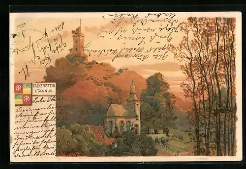 Lithographie Falkenstein i. Taunus, Ortspartie mit Kirche