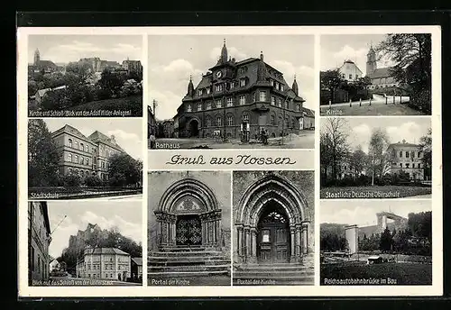 AK Nossen, Blick von den Anlagen auf Kirche und Schloss, Stadtschule, Staatliche Deutsche Oberschule