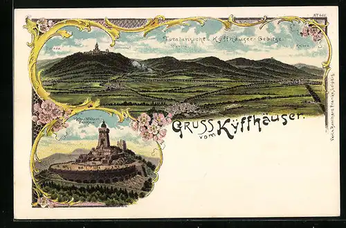 Künstler-AK Sittendorf, Kyffhäuser mit Kaiser-Wilhelm Denkmal, Totalansicht und Kyffhäuser-Gebirge mit Tilleda u. Kelbra