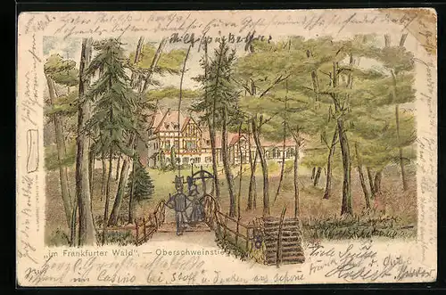 Lithographie Frankfurt a. M., Gasthaus Oberschweinstiege im Frankfurter Wald