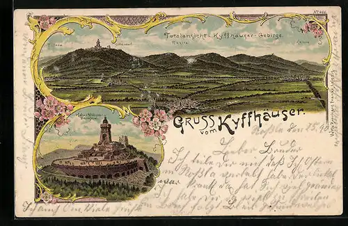 Lithographie Sittendorf, Kaiser Wilhelm-Denkmal, Totalansicht v. Kyffhäuser-Gebirge mit Tilleda, Rossla und Kelbra