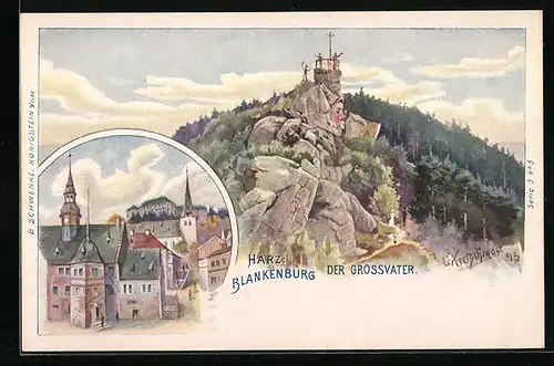 Lithographie Schwenke Ser. 3 Nr. 5: Blankenburg /Harz, Ortspartie, Der Grossvater, Berg mit Gesicht / Berggesichter