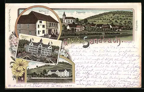 Lithographie Sandbach, Gasthaus zur Krone, Lungenheil-Anstalt, St. Marien-Waisenstift