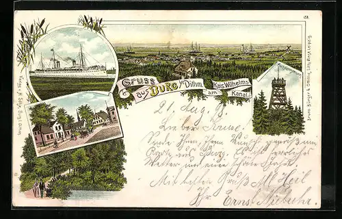 Lithographie Burg i. Dithmarschen, Kaiser-Wilhelm-Kanal, Dampfer in Fahrt, Aussichtsturm, Ortspartie