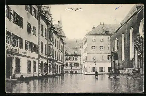 AK Feldkirch, Hochwasserkatastrophe 1910 - Partie auf dem überschwemmten Kirchenplatz