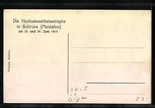 AK Schruns, Hochwasserkatastrophe 1910 - Beschädigte Krauthobel- und Parkettbodenfabrik Zudrell hinter reissendem Wasser