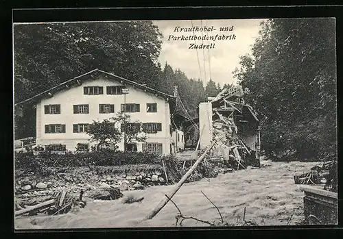AK Schruns, Hochwasserkatastrophe 1910 - Schäden an Krauthobel- und Parkettbodenfabrik Zudrell und reissendes Wasser