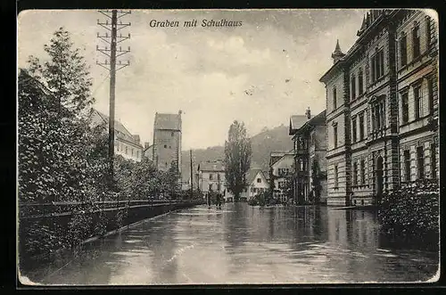 AK Feldkirch, Hochwasserkatastrophe 1910 - Überschwemmte Strasse Graben mit Schulhaus