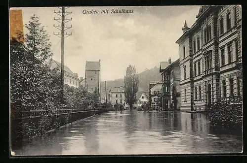 AK Feldkirch, Hochwasserkatastrophe 1910 - Überschwemmungen am Graben mit Schulhaus