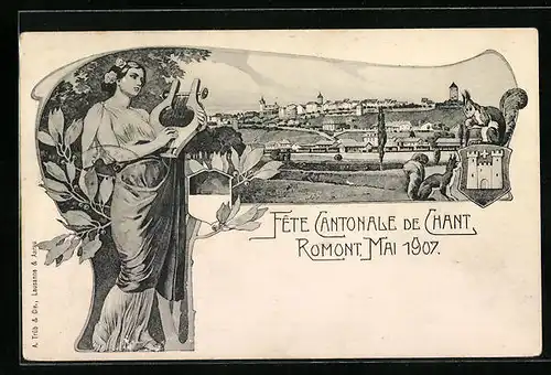 Künstler-AK Romont, Fête Cantonale de Chant, 1907, Sängerfest, Jugendstil