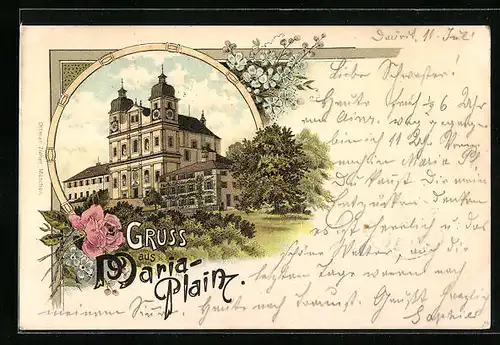 Vorläufer-Lithographie Bergheim bei Salzburg, 1895, Wallfahrtskirche Maria Plain