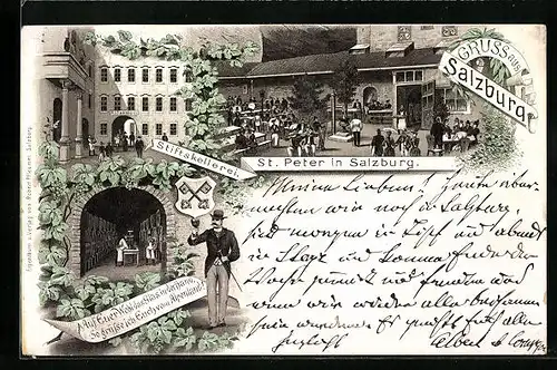 Vorläufer-Lithographie Salzburg, 1892, Gasthaus und Stiftskellerei St. Peter