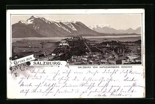 Vorläufer-Lithographie Salzburg, 1895, Gesamtansicht vom Kapuzinerberg aus
