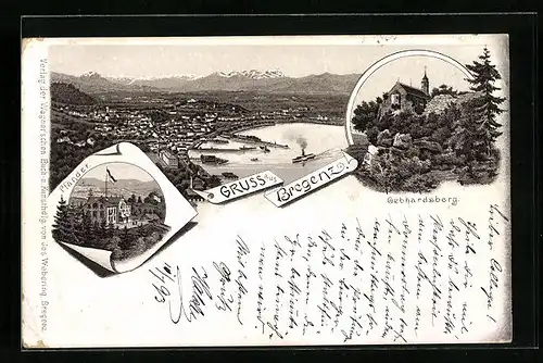 Vorläufer-Lithographie Bregenz, 1893, Hotel Pfänder, Gebhardsberg, Gesamtansicht mit Bodensee