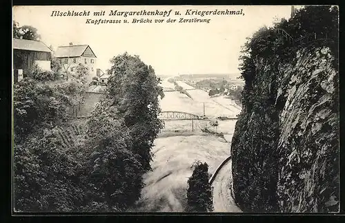 AK Feldkirch, Illschlucht mit Margarethenkopf und Kriegerdenkmal, Hochwasser 1910