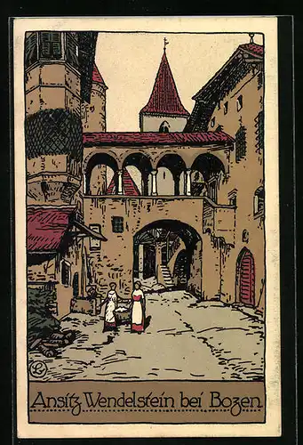 Steindruck-AK Bozen, Strassenpartie am Ansitz Wendelstein