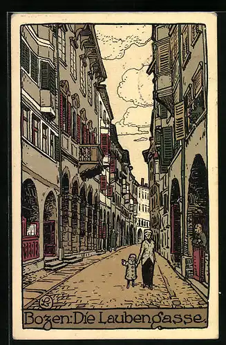 Steindruck-AK Bozen, Strassenpartie in der Laubengasse