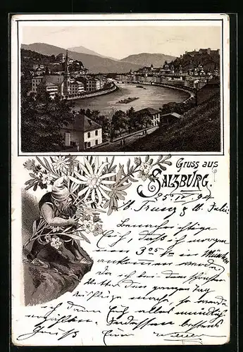 Vorläufer-Lithographie Salzburg, 1894, Blick auf Stadt und Salzach