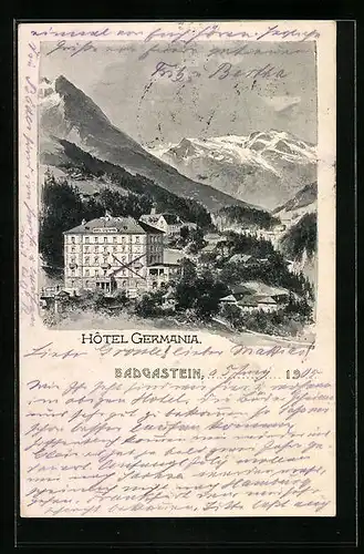 Künstler-AK Franz Kulstrunk: Badgastein, Hotel Germania gegen das Gebirge