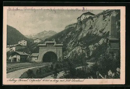 AK St. Anton, Arlberg-Tunnel mit Lott-Denkmal