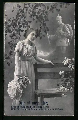 Foto-AK Trauernder Witwe erscheint der Geist ihres gefallenen Gatten