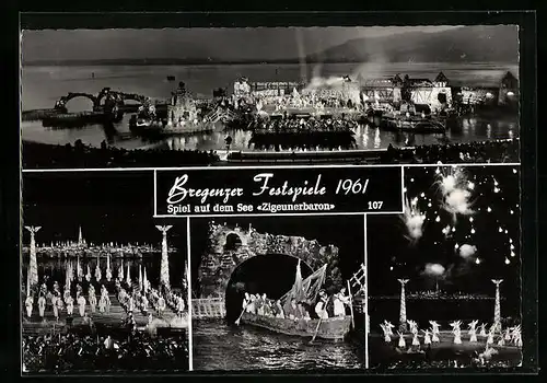 AK Bregenz, Bregenzer Festspiele 1961, Spiel auf dem See Zigeunerbaron bei Nacht