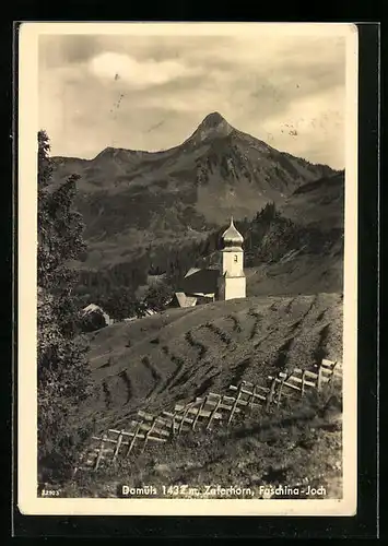 AK Damüls am Faschinajoch, Ortspartie mit Kirche und Zaferhorn