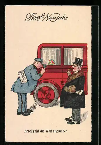 Künstler-AK Gerichtsvollzieher Schulze inspiziert ein Luxus-Automobil